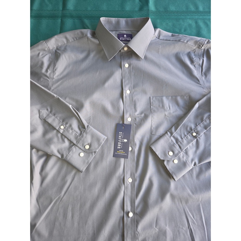 Stafford Travel Regular Fit Dress Shirt Gray 17-17.5 34-35 XL Broadcloth NWT